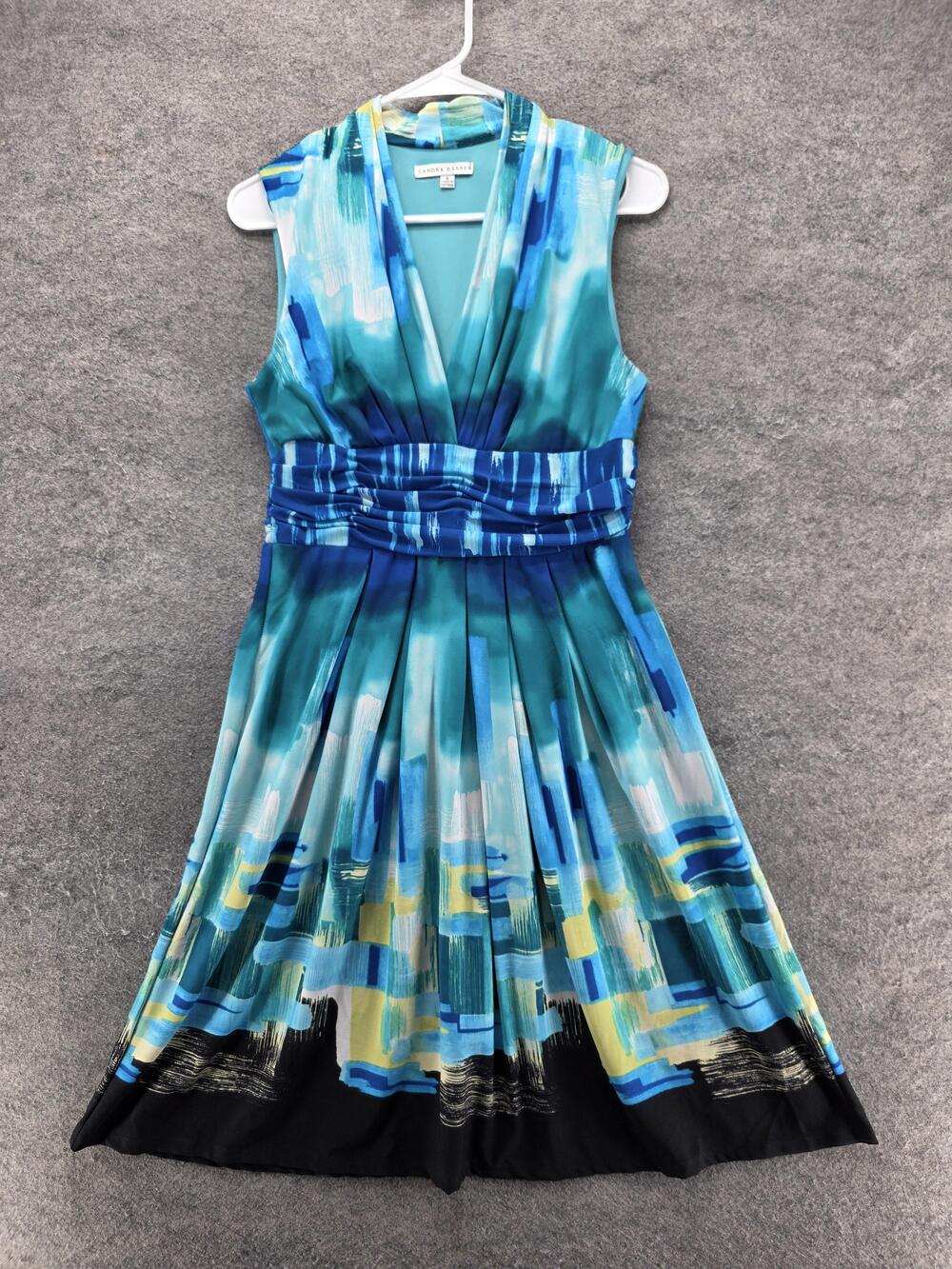 Sandra Darren Dress Womens 8 Blue Fit & Flare Knee Length V-Neck Pleated Lined